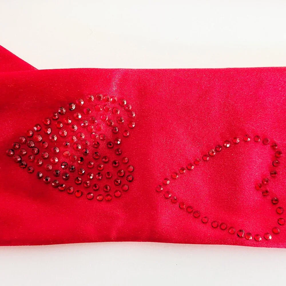 Red Extra Long Satin Gloves with Rhinestones